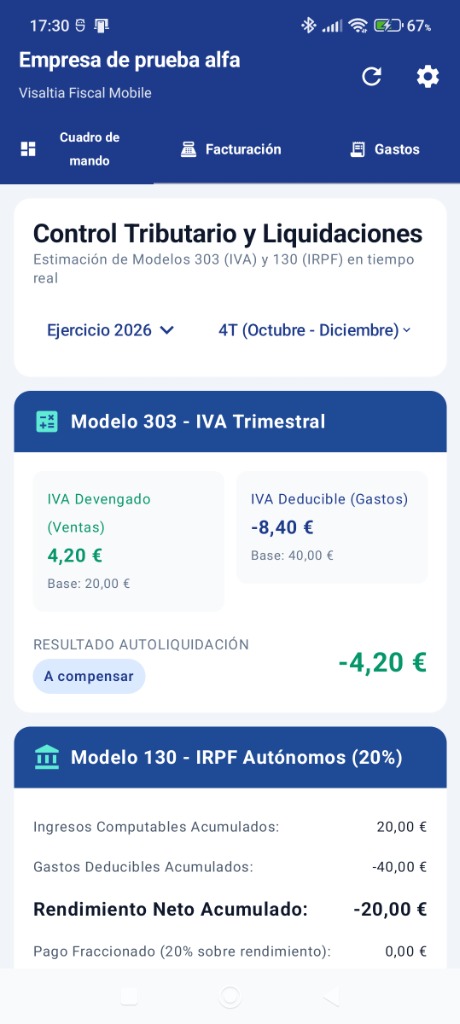 Captura de la App Android Visaltia Fiscal en la nueva pestaña Cuadro de Mando mostrando estimación en tiempo real de los Modelos 303 y 130