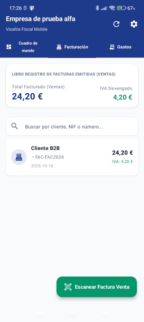 Captura de la App Android Visaltia Fiscal con el libro registro de facturas emitidas de ventas y botón de escaneo