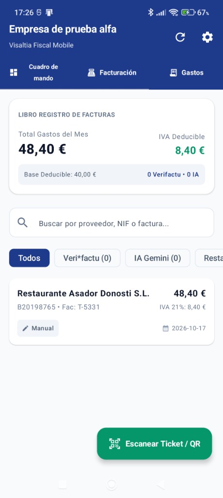 Captura de la App Android Visaltia Fiscal mostrando libro registro de facturas recibidas y botón para escanear tickets