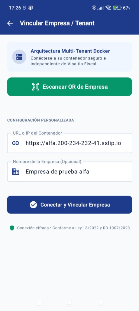 Captura de la App Android Visaltia Fiscal en la pantalla de vinculación con el servidor privado de la empresa