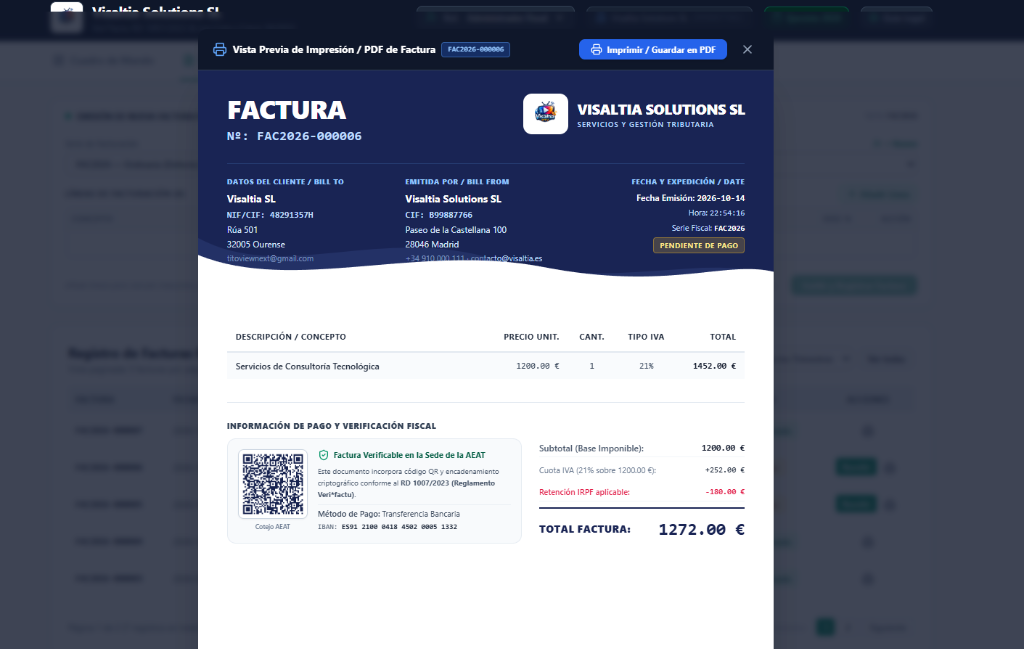 Vista Previa de Factura Oficial en Visaltia Fiscal con Código QR Veri*factu de la Sede de la AEAT